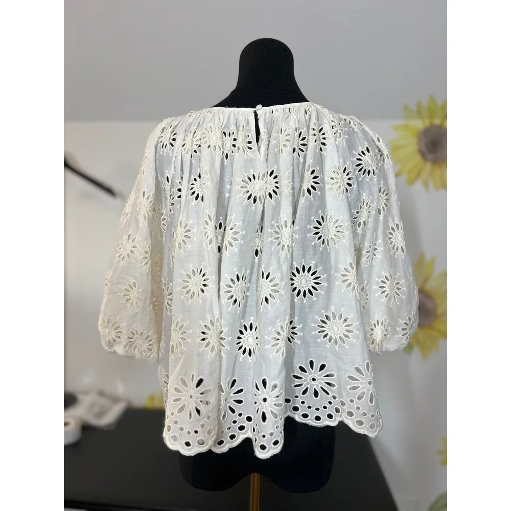 Madewell Eyelet Puff-Sleeve Top Antique‎ Cream Floral Scalloped Small NEW